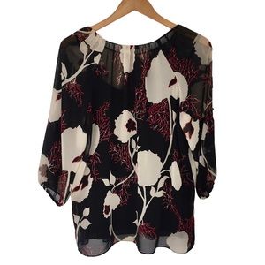 Talbots Sheer Flowy Top Black Burgundy Cream Floral with Black Camisole | M